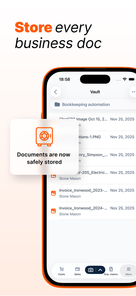 Dext app interface showing the secure vault for storing business documents and bookkeeping automation