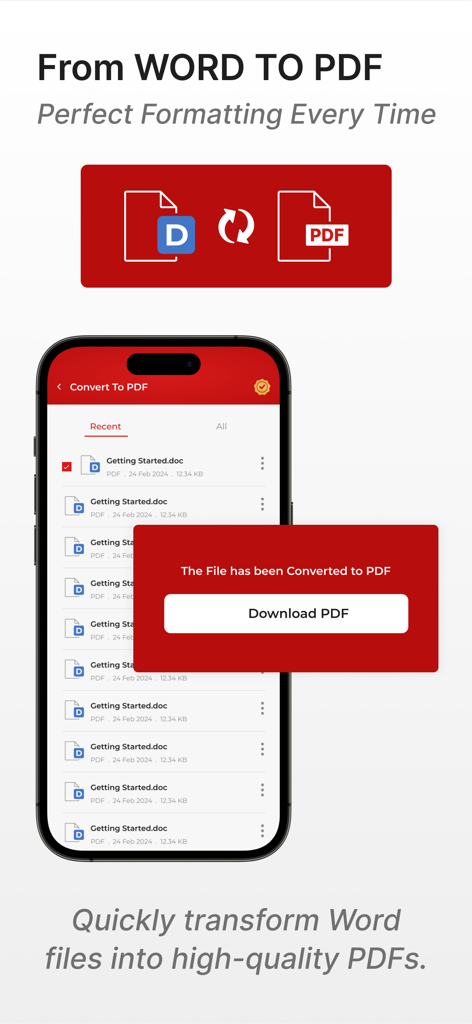 Convert to PDF : PDF Scanner - Word 문서를 PDF 파일로 성공적으로 변환한 것을 보여주는 모바일 앱 인터페이스