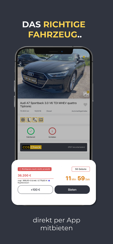 CarOnSale - Interface do aplicativo CarOnSale mostrando um leilão ao vivo para um Audi A7 com um cronômetro de contagem regressiva de lances.