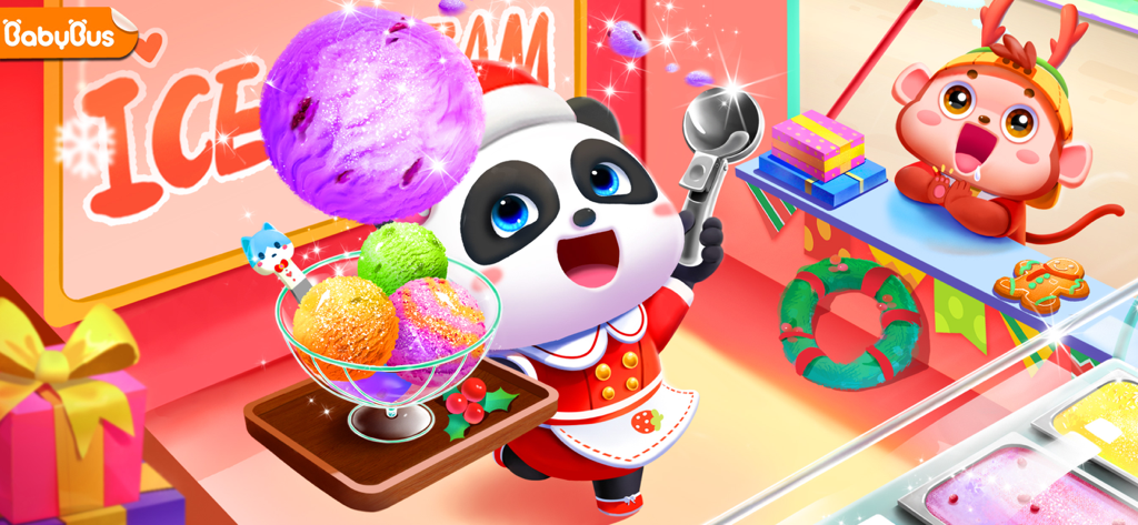 Baby Panda's Ice Cream Truck - Baby Panda wearing a Christmas outfit and serving colorful ice cream scoops in a festive truck