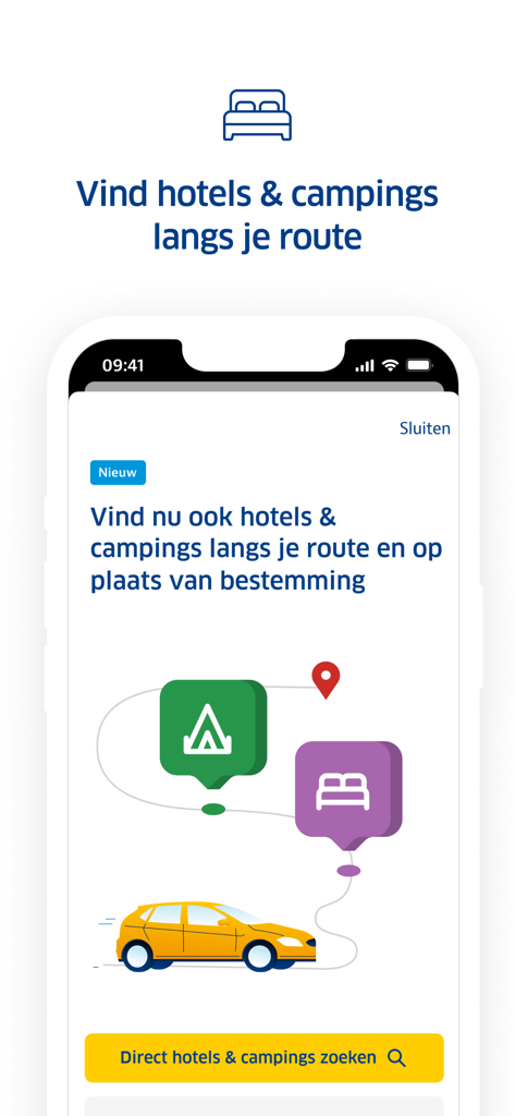 Screen from the ANWB Onderweg app showing how to find hotels and campsites along a driving route