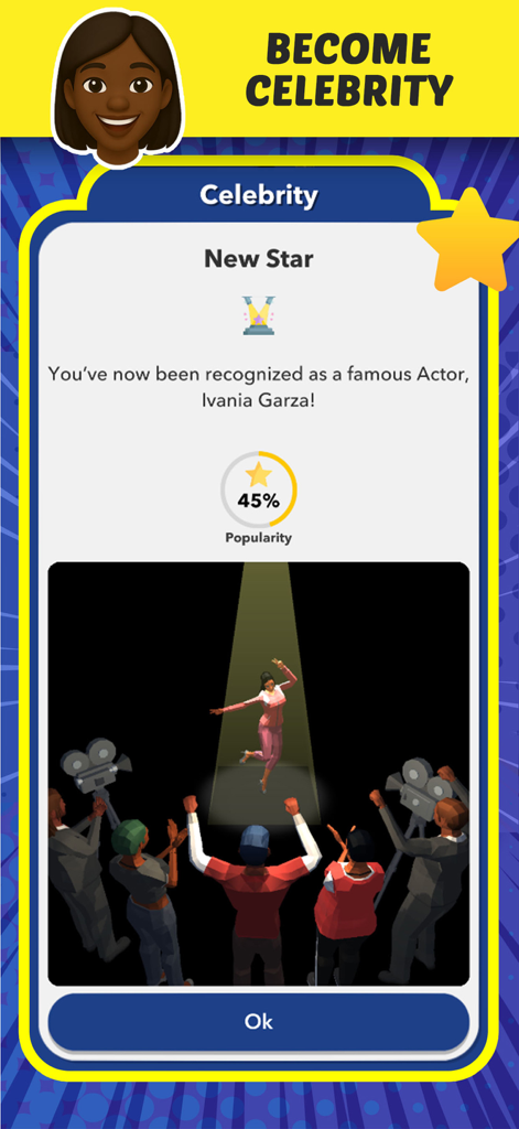 Enclaver - Life Simulator - A character achievement screen in Enclaver Life Simulator showing a player becoming a famous celebrity actor.