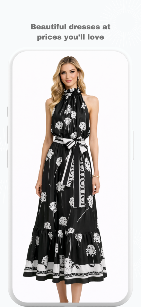 Una mujer modelando un vestido maxi floral negro y blanco con cuello halter en la app Cheap Dresses Fashion Shop.