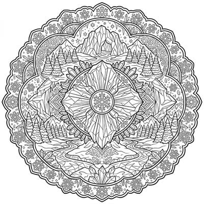 Embark on a serene coloring adventure with this stunning Glacier Winter Mandala. Its intricate design captures the frosty elegance of icy landscapes, perfect for relaxation and creative expression.