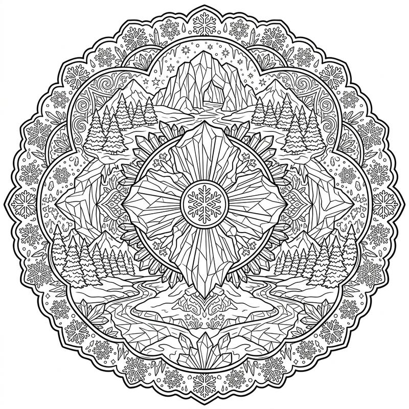 Embark on a serene coloring adventure with this stunning Glacier Winter Mandala. Its intricate design captures the frosty elegance of icy landscapes, perfect for relaxation and creative expression.