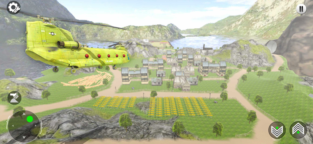 Yellow army helicopter flying over a village in a military transport simulation game