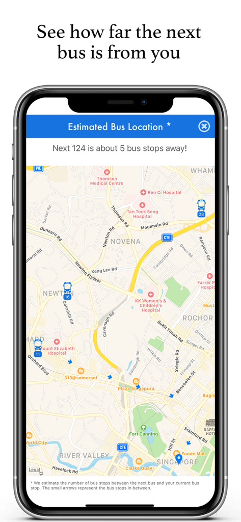 L'application SG Bus Timing propose une carte en temps réel affichant la position estimée des bus et leur distance par rapport à l'utilisateur à Singapour.