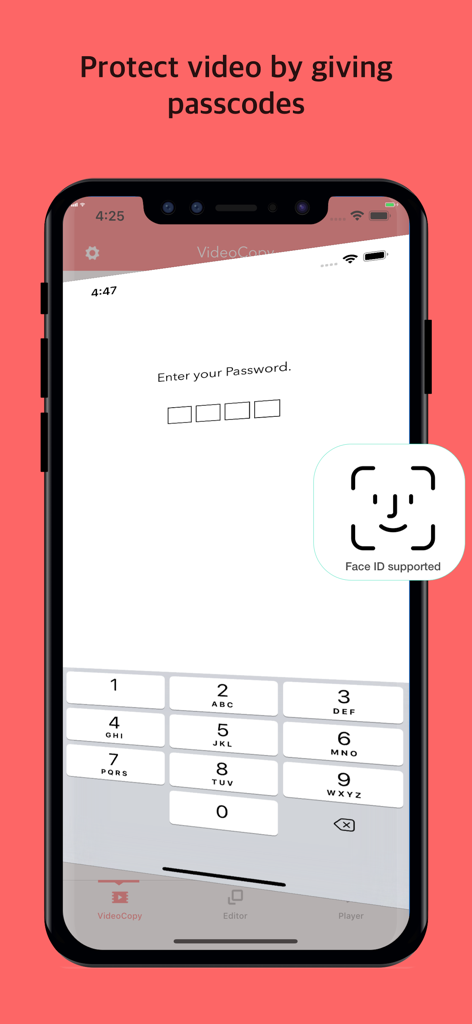 VideoCopy: Download manager - A smartphone screen showing passcode and Face ID protection for videos in the VideoCopy app