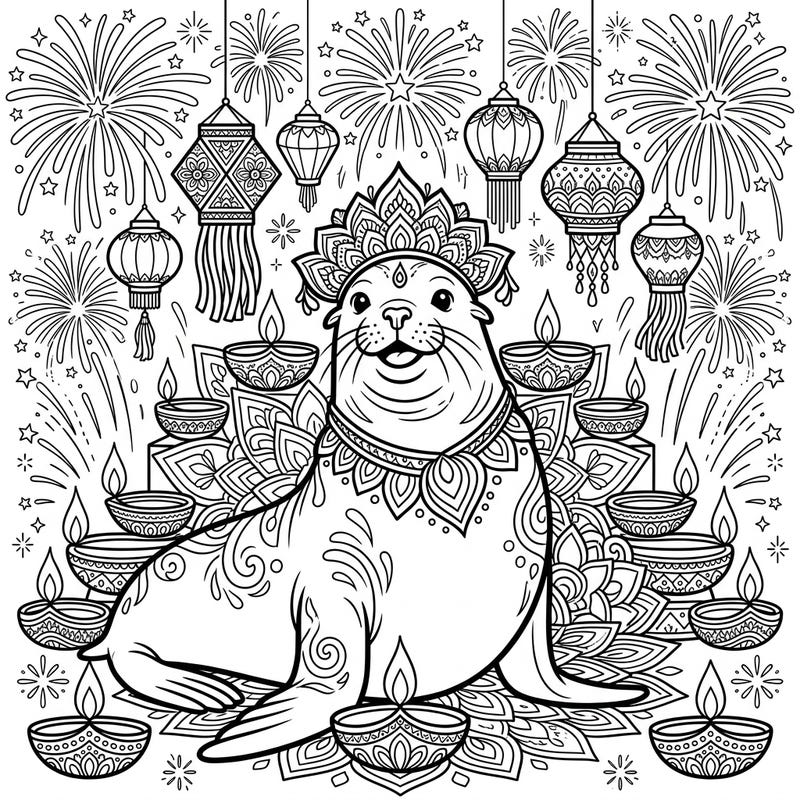 Dive into the spirit of Diwali with this unique coloring page featuring a grand Steller sea lion amidst festive decorations. Explore intricate rangoli patterns, glowing diyas, and vibrant fireworks, ready for your creative touch.