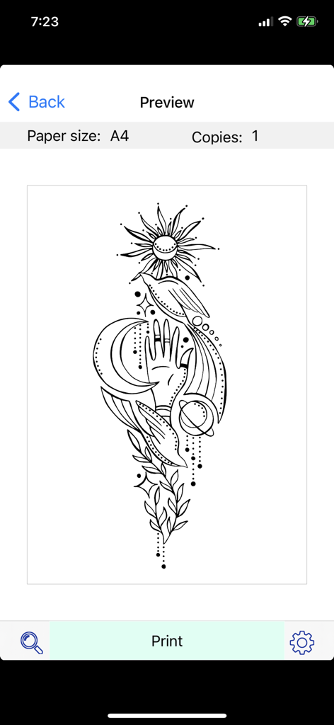 TOEC Printer - Tattoo design preview in the TOEC Printer mobile application