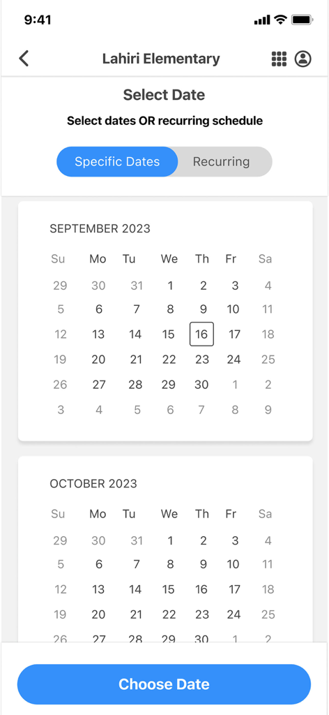 Raptor Safe - Calendar screen for selecting school dismissal dates in the Raptor Safe app