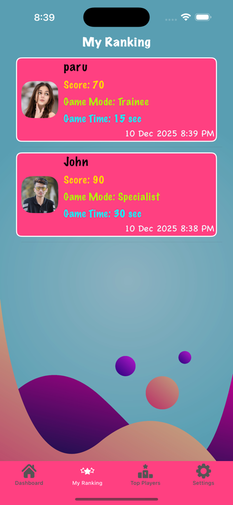 Robz - Screenshot of the My Ranking screen in the Robz app showing player scores and game history.