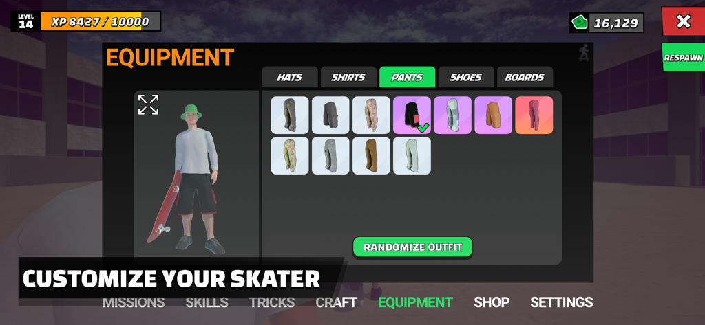 Skate Life 3D - Character customization screen in Skate Life 3D showing clothing and equipment options for the player avatar