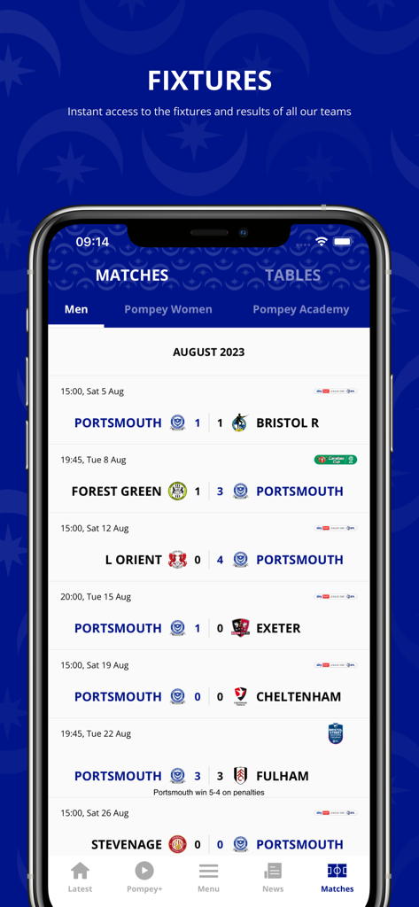 Portsmouth FC - Portsmouth FC official app displaying the Men's team football fixtures and results