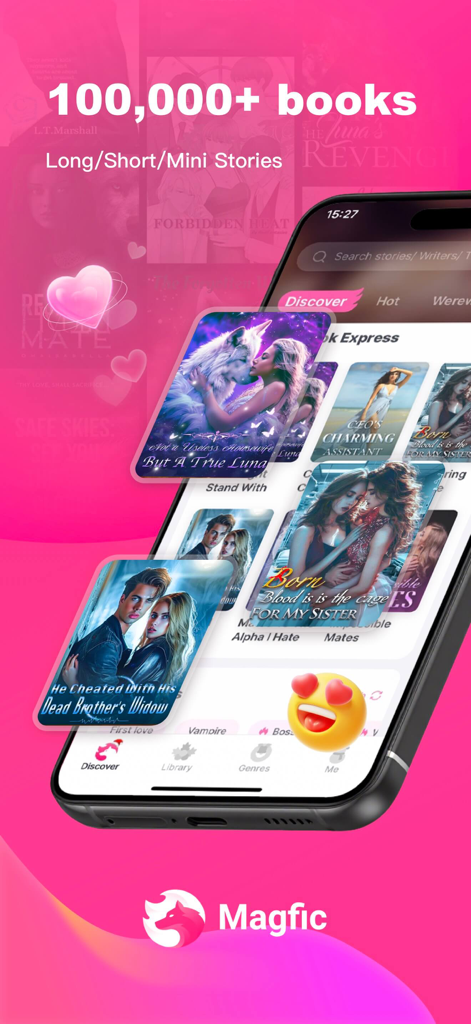 Magfic-Booktok, Reading Books - Magficアプリのインターフェースがスマートフォンに表示され、流行のロマンスとウェアウルフの本の表紙に10万冊以上の本があると表示されている。