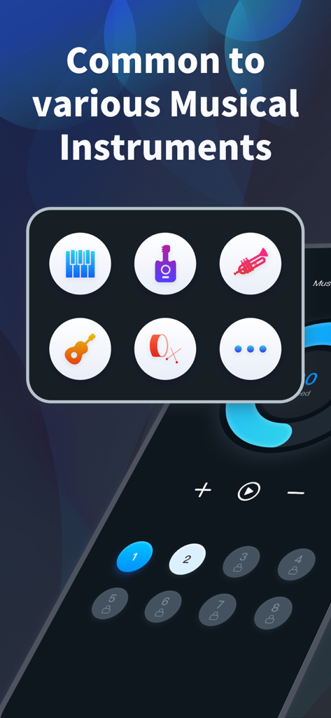 Interface of OnBeats metronome app showing icons for various musical instruments including piano guitar and drums