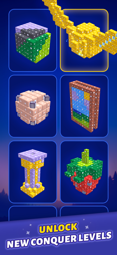 Block Away - Tap Out Puzzle - Une collection de formes de puzzle de blocs 3D comprenant une fraise et un trophée à débloquer dans Block Away