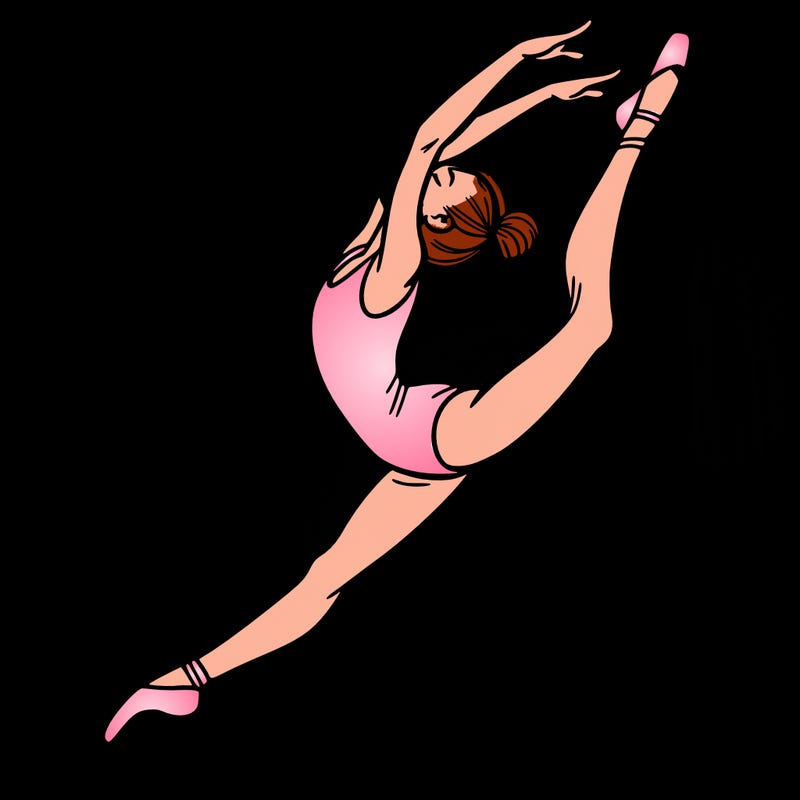 gymnast doing a leap in a leotard with a bent back leg