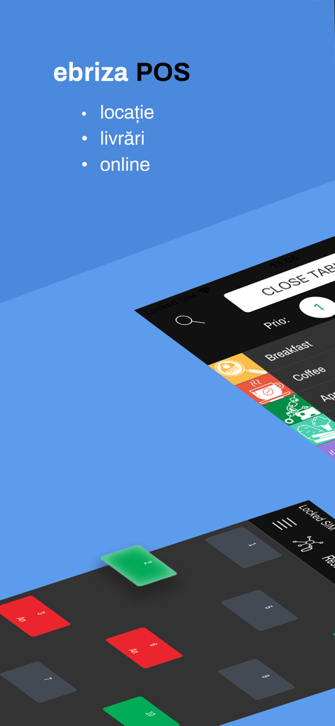 Ebriza POS - Ebriza POS app interface featuring menu categories and a table management layout