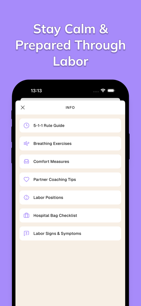 Contraction Timer: Counter - Tela de informações do aplicativo Contraction Timer mostrando recursos de trabalho de parto como guia da regra 5-1-1, exercícios de respiração e lista de verificação da mala para o hospital.