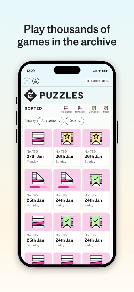 Telegraph Puzzles - iPhone screen displaying the Telegraph Puzzles game archive with daily trivia challenges and progress icons