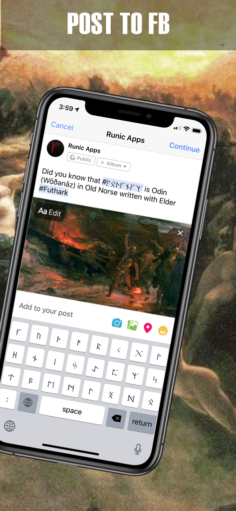 Rune Keyboard app interface showing Elder Futhark symbols being used to write a social media post on a smartphone