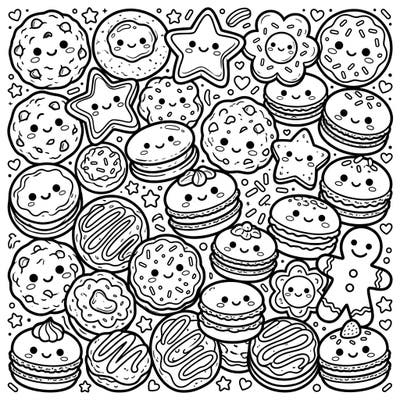 Indulge your sweet tooth with this delightful Kawaii Cookies & Macarons coloring page. Featuring an abundance of charming treats, each with an adorable face, it promises a truly cute coloring experience.