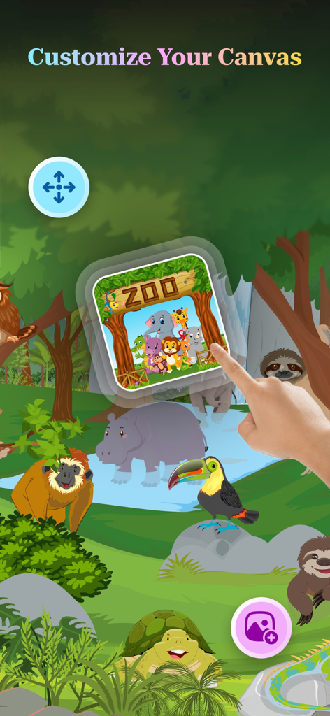 User interface for customizing an infinite zoom canvas with zoo animal illustrations