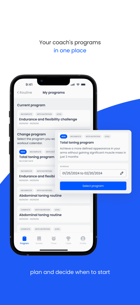Spot Me - iPhone screen showing the Spot Me app interface with a list of coaching programs and a selection window for a toning program