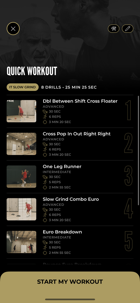 A menu showing a sequence of basketball drills for a quick workout in the 94FEETOFGAME app.