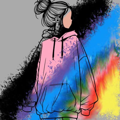 realistic girl with a oversized sweatshirt on and a bun