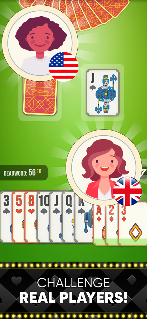 Gin Rummy: Classic Card Game - A mobile game screen showing two players from the USA and UK challenging each other in a Gin Rummy card match