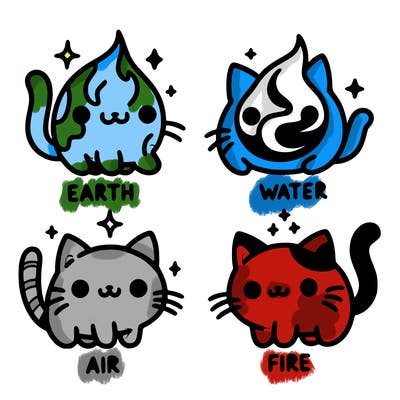 4 cats that represent the different elements, earth, water, air, and fire