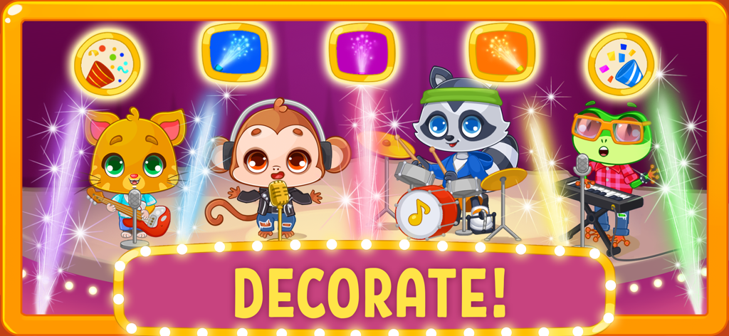 Piano games - Music for songs - Un gato, mono, mapache y rana de dibujos animados tocando instrumentos musicales en un escenario con un gran cartel que dice decorar