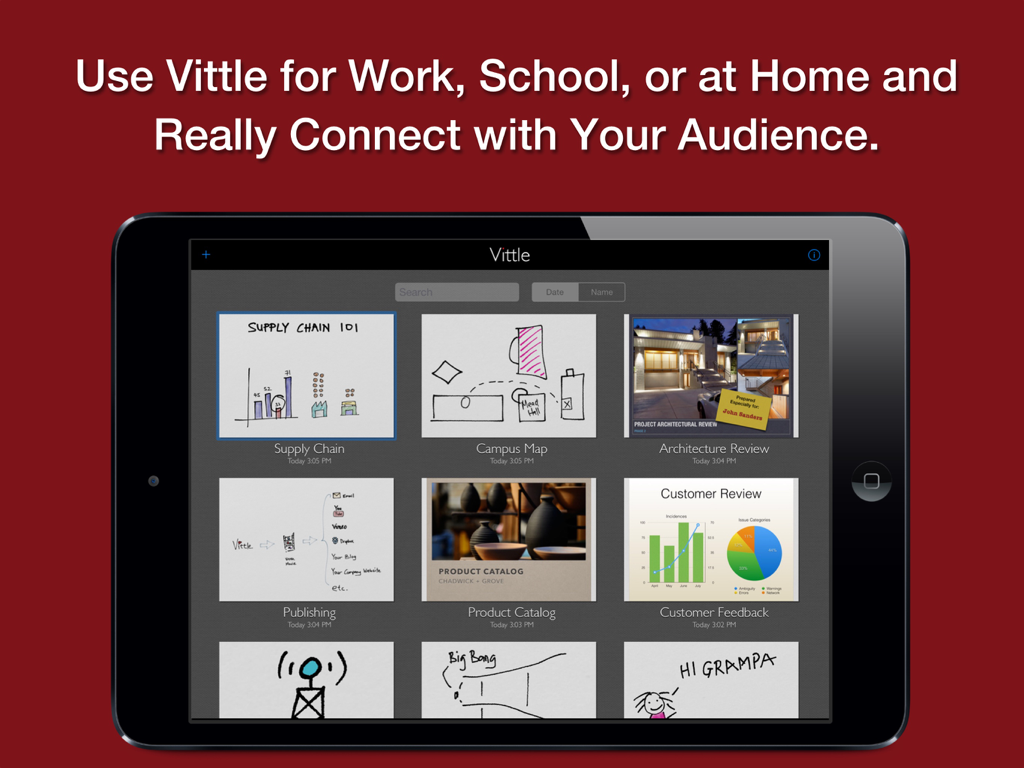 Vittle Pro Video Whiteboard - iPad screen displaying the Vittle Pro app project gallery with various educational and professional video thumbnails