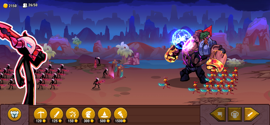 Stickman army fighting a giant golem in a desert battlefield scene from Stick Saga Endless War