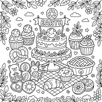 Get ready for a deliciously educational coloring adventure with our Earth Day Pastries coloring page! This delightful scene combines yummy baked goods with important planetary themes, perfect for creative kids aged 4-8.