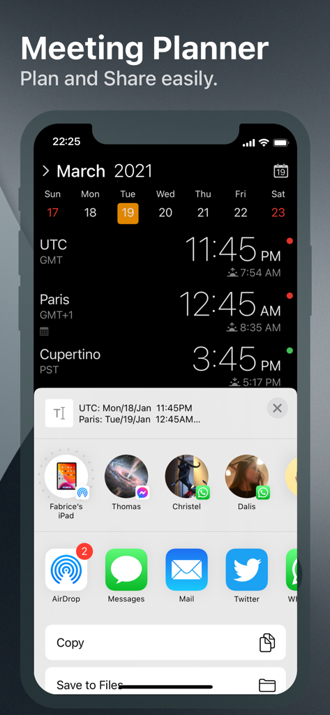 iPhone screenshot showing The Clock app meeting planner with multiple time zones and the iOS share menu open