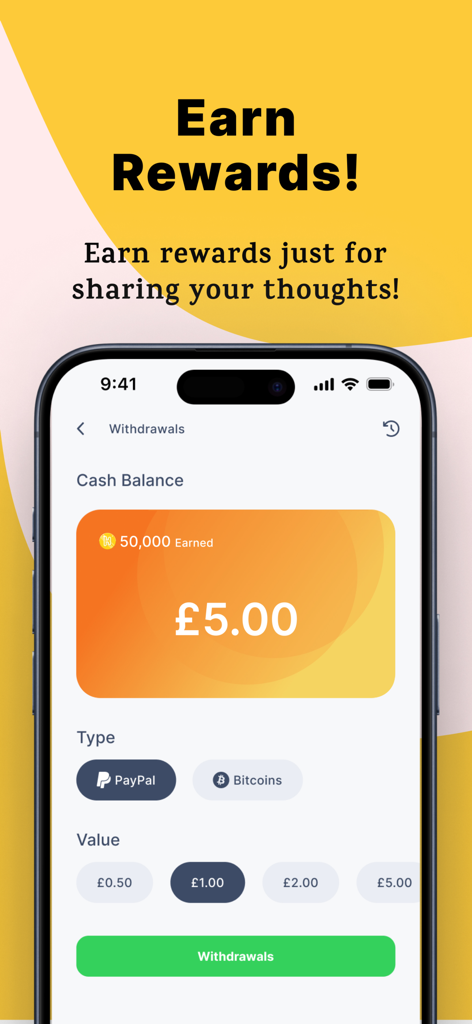 Pantalla de smartphone de la app HICH mostrando la página de retiro de recompensas con saldo en efectivo y opciones de pago como PayPal y Bitcoin.