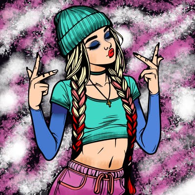 realistic teenage girl with braids and a beanie and crop top doing 🫶🏼