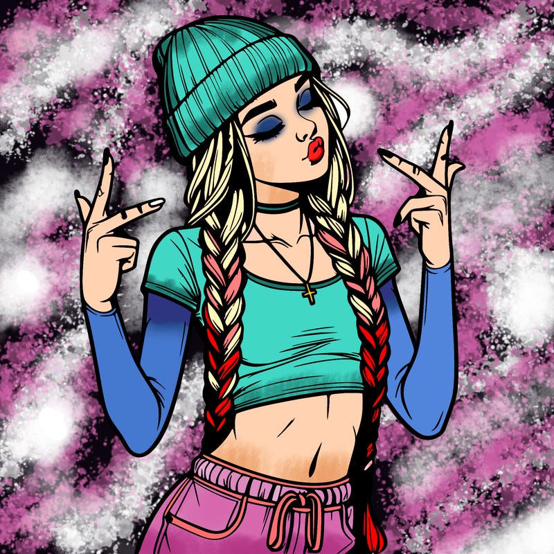 realistic teenage girl with braids and a beanie and crop top doing 🫶🏼