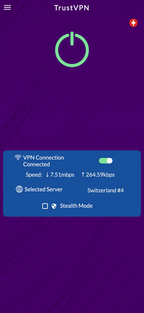 Trust VPN - Trust VPN app interface showing a successful connection to a server in Switzerland with real-time speed data