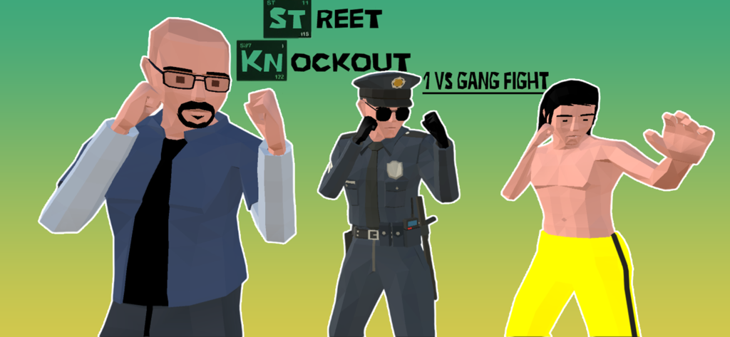 Street Knockout: 1vsGang Fight - Three low-poly 3D fighter characters including a man in a blue shirt, a police officer, and a martial artist in yellow pants.