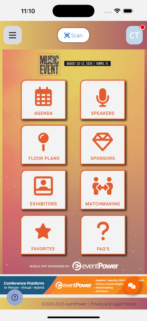ShoApp - ShoApp mobile dashboard with buttons for event agenda, speakers, floor plans, and networking features