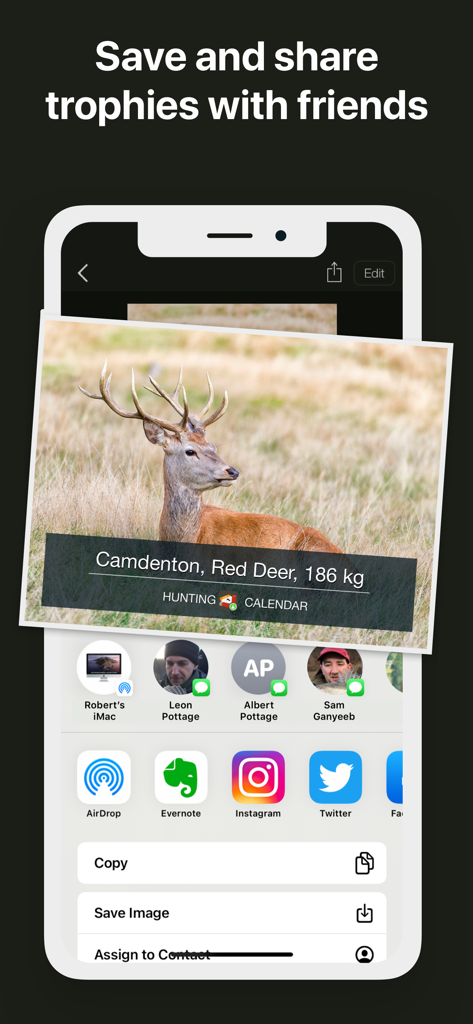 Hunting Calendar, Solunar - A mobile interface for sharing hunting trophy photos with friends and social media platforms