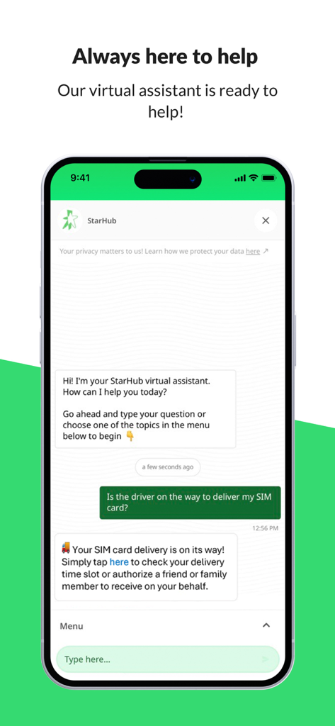 StarHub App - StarHubアプリの仮想アシスタント画面。チャット経由で24時間年中無休のカスタマーサポートを提供しています。