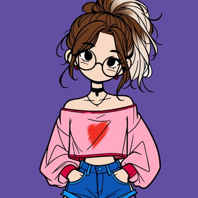 girl with a messy ponytail glasses a baggy crop top and jean shorts