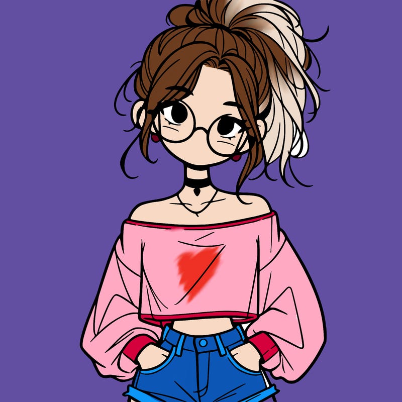 girl with a messy ponytail glasses a baggy crop top and jean shorts