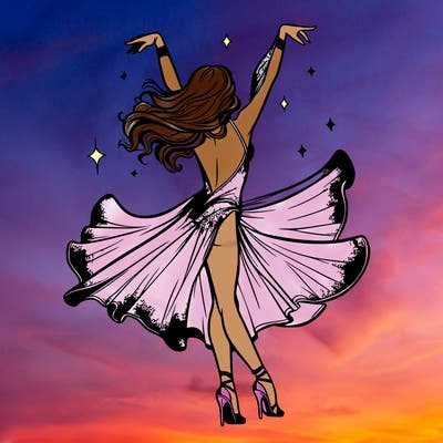 dancer dancing with a shimmery costume on realistic