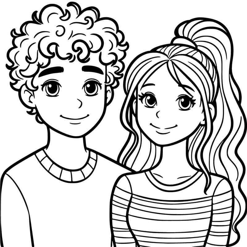 a teenage boy with curly hair and a teenage girl with a ponytail